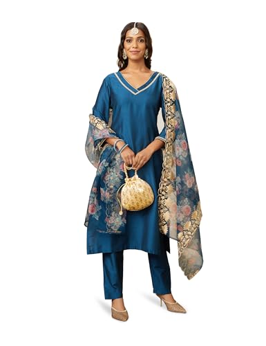 Image of Amazon Brand - Myx Women Kurta Pant Set with Embroidered Organza Dupatta | Viscose,Rayon (Available in Plus Sizes)