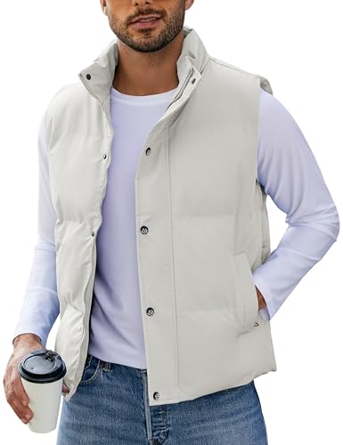 Flygo Mens Puffer Vest Winter Padded Vests Lightweight Stand Collar Sleeveless Jacket Outerwear(LightKhaki-XS)