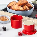 Francuska maselniczka, ceramiczna maselniczka z okrągłą pokrywką, maselniczka chłodzona wodą z linią wodną, dzwonek na masło, ceramiczny dzwonek do masła do smarowania, czerwony