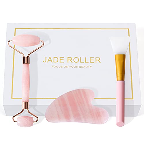 MAGEFY Jade Roller andÂ Gua ShaÂ Set,Jade Roller for Face,100% Natural Rose Quartz Gua Sha Facial Tools,Jade Facial Roller Eye Roller For Puffy Eyes,Reduce Wrinkles