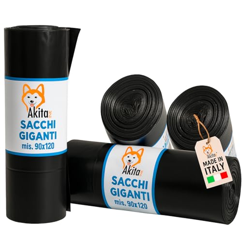 Akitaink 40 Sacchi Spazzatura Grandi 90x120 Trasparenti Neri Super Resistenti Condominiali 160 Litri - Rotoli da 10 Pezzi, Made in Italy