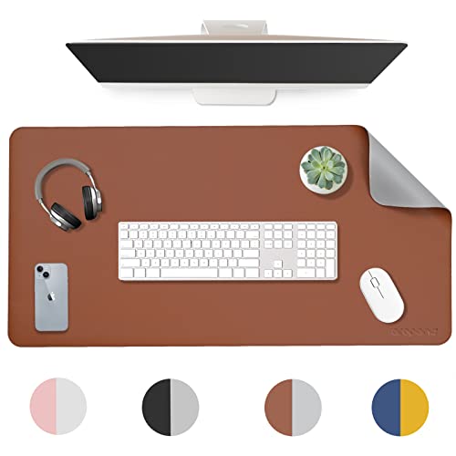 Image of AROPANA Vegan Leather Desk Mat | Large Reversible Mouse Pad & Computer Table Protector | Dual-Side Waterproof Extended Laptop Pad with Edge-Stitched Design (90x45CM, Brown and Grey)