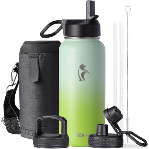 Coolflask Isolierte Wasserflasche, Doppeltes Vakuum Auslaufsicher, Leicht zu reinigen, Wasserflasche mit Strohhalm, 3 Deckeln, Thermosflaschen aus Edelstahl für Sport Büro
