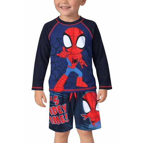 Image of Marvel Boys Rash Guard Set 2 Piece Hulk Spiderman Swim Shirt & Swim Trunks