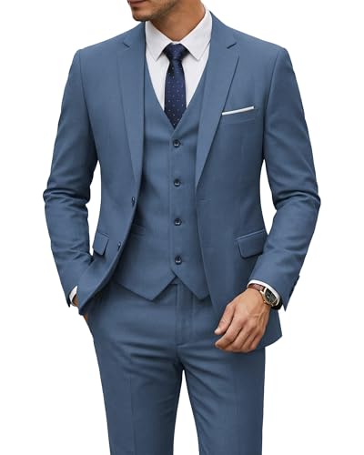 Image of YND Men's 3 Piece Suit with Tie, Solid Color Slim Fit Jacket Vest and Pants