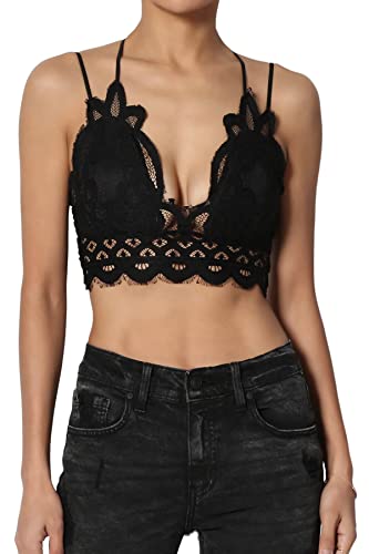 Women's Cross Strap & Stretchy Smocked Back Crochet Lace Bralette Pad Bra Top