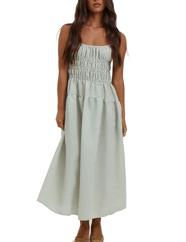 Image of Women's 2025 Summer Striped Smocked Maxi Dress Sleeveless Boho Sundress Double Strap Flowy Swing for Beach Vacation