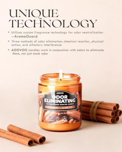 Image of AOOVOO Cinnamon Odor Eliminating Highly Fragranced Candle - Eliminates 95% of Pet, Smoke, Food, and Other Smells Quickly, Non Toxic Air Freshing Soy Candle, 9 oz Up to 50 Hours Burn time