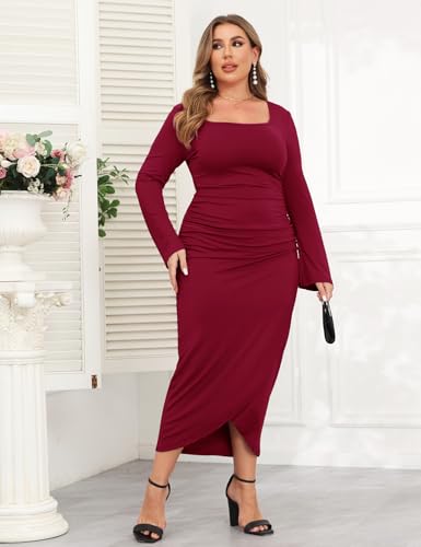 Image of ZOMVA 2024 Plus Size Cocktail Dress Comfortable Bell Sleeves Wedding Guest Square Neck Semi Formal