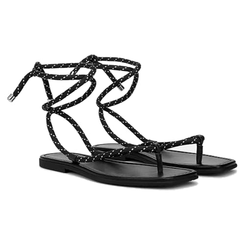 Image of Rope Flat Sandals for Women Strappy Open Toe Thong Sandals Summer Slingback Slip On Slide Sandals with Adjustable Strap