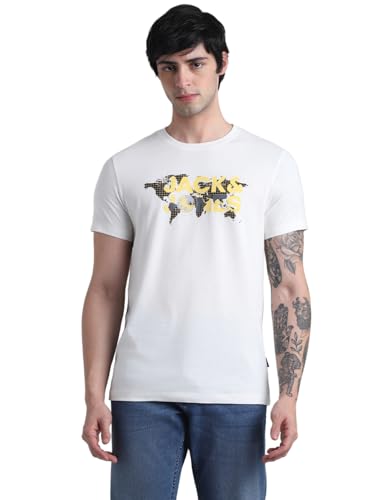 Image of Jack & Jones Men Pure Cotton Graphic Printed Slim Fit T-Shirt