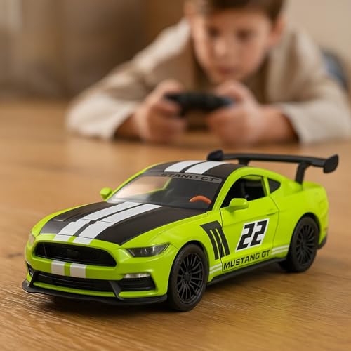 Image of 1:36 Scale Mustang GT Die-Cast Car - Metal Pull Back Toy Car with Openable Doors - Sports Model for Boys, Kids, Collectors - Friction Powered Vehicle (Green)