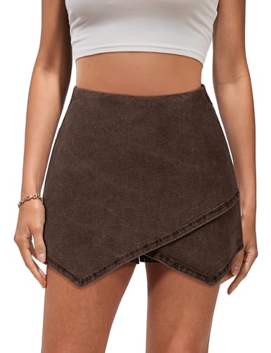 luvamia Womens Skorts with Pockets Womens Shorts for Summer Mini Denim Skirt Denim Skorts Denim Skorts Coffee Small Fits Size 4 / Size 6