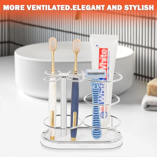 Image of Toothbrush Holder Stand for Bathroom, Metal Toothbrush Organizer with Marble Base, Toothbrush Storage Collection for Family, Suitable for Home Hotel Countertop Vanity (Medium, Chrome Finish)