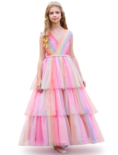 IDOPIP Flower Girls Tulle V-Neck Bowknot Dress for Kids Long A Line Wedding Pageant Dresses Princess Birthday Party Ball Gown