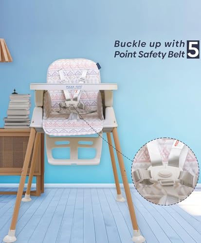 Image of POLKA TOTS 4 in 1 High Chair for Baby (Geometric Print) Multiple Recline Positions & 7 Adjustable Height Levels, with Detachable Feeding Tray, Footrest, Extra Cushioning & Wheels - 0 to 3 Years - 15kgs