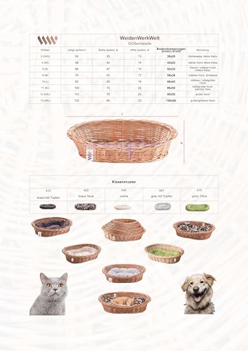 Wiklinowy Świat - Katzenbett Weidenkorb Hundebett, Weidenbett für Haustiere - Natürlich warm, atmungsaktiv und stilvoll - Verschiedene Größen 66x47x15cm - helles cremefarbenes Kissen