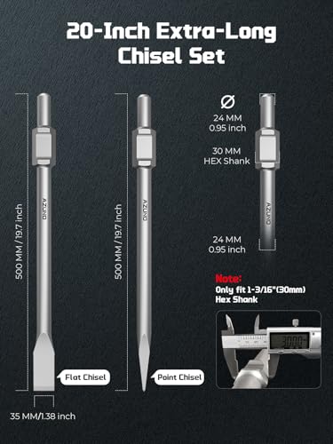 Image of AZUNO 20 inch 1-3 /16 inch Hex Shank Jack Hammer Chisel Set, Point & Flat | 2PCS Heavy Duty Breaker Bits for 30mm Hex Jack Hammer, Steel Chisels for Concrete, Masonry, Tile & Stone Demolition