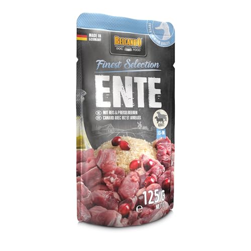 BELCANDO Frischebeutel [12x125g Ente mit Reis & Preiselbeeren] | Nassfutter für Hunde | Feuchtfutter Alleinfutter im Einzelportionsbeutel
