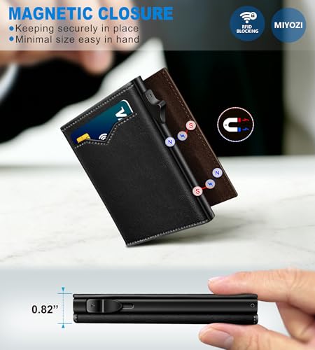Image of miyozi Wallet for Men,with Cash Pocket 2 ID Window 9-13 Cards,Metal Case Smart Slim Pop Up Credit Card Holder Flip with Magnetic Closure RFID Blocking Trifold wallet with Gift Box