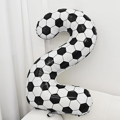 Image of Black White Soccer Number 2 Balloon 2nd Birthday Decoration 40in 2 Balloon | Helium Foil Mylar Balloon World Cup Football Sports Theme Favors for Birthday Party Anniversary Decorations Supplies