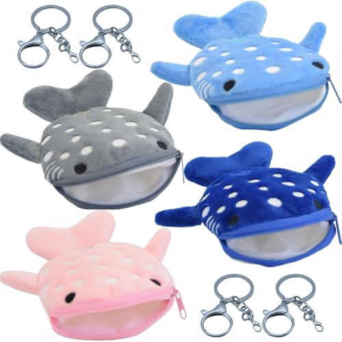 JoyChoi Small Whale Shark Coin Purse Keychain - 4 Pcs Cute Zipper Pouch Gifts for Women
