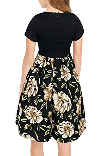 Gorlya Girl's Short Sleeve Floral Patchwork Casual Vintage Puffy Swing Party Dress With Pockets For 4-12T Kids (Gor1003, 9-10Y, Beige Flower) #TOP1