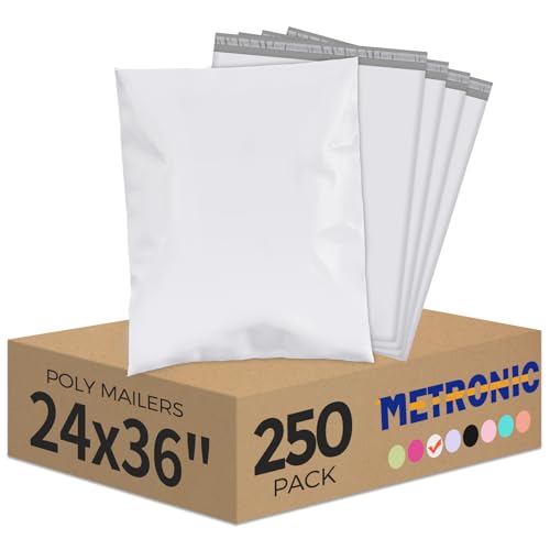 Image of Metronic Poly Mailers 24x36 250 Pack White Extra Large, XXL Bulk Shipping Bags for Small Business, Self Seal Waterproof Shipping Envelopes Mailers Poly Bags for E-commerce Retailers, Heavy Duty 2.5Mil