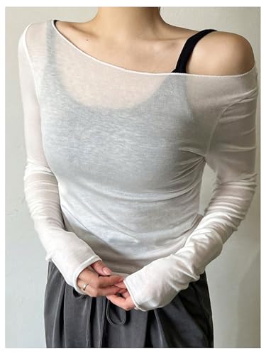 Women's Mesh Sheer Tops Off The Shoulder Long Sleeve See Through Shirts Going Out Party Club Outfits2
