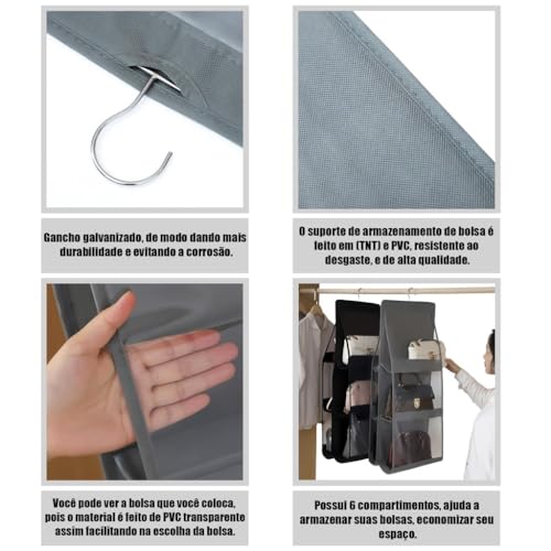 Organizador de Bolsas Feminina Cabide 6 Divisórias Guarda Roupa Closet