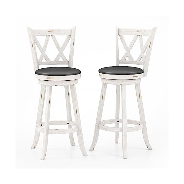 Mu Bar Stools Set of 2, 29" Seat Height Counter Height Swivel Barstools with X-Back, Upholstered 360 Degree Swivel Dining Chair with PVC Cushioned Seat, Footrest & Wood Legs, White