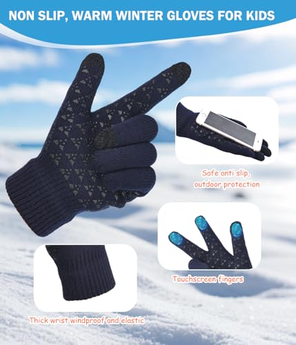 Image of Kids Winter Hat Scarf&Touchscreen Gloves Set,Knitted Beanie with Fleece Lining, Neck Warmer for Boys Girls 4-15 Years