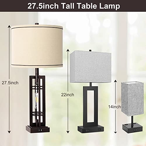 Rottogoon Table Lamps With Usb Ports, 27.5" Tall Farmhouse Table Lamp With Led Nightlight Blub, Bedside Lamp Oil Rubbed Bronze Off White Oatmeal Shade For Living Room Bedroom Home Office #TOP1