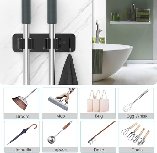 Image of Enclave Stainless Steel Mop and Broom Holder Wall Mounted Adhesive Storage Solutions for Broom mop etc, Garage Storage Systems Broom Organizer. (2 RACK 1 HOOK /BLACK, PACK OF 1)