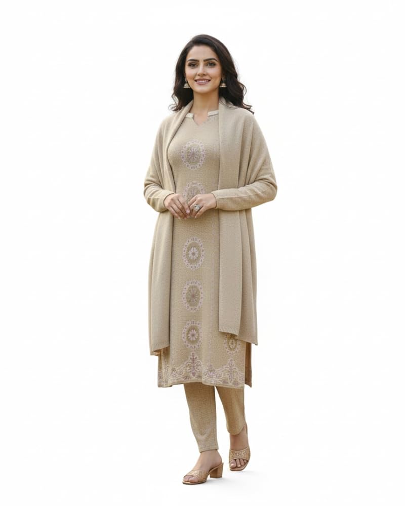 KTI Full Sleeve Knee Length Floral Design Woolen Fabric 3 PC Kurti Set for Women Art No 94166 - Review, Price and Buying Guide