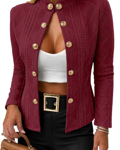 Image of CHICME Women's Argyle Cable Knit Cropped Jacket | Metal Button Front, Stand Collar Detail, Lightweight Cardigan Style, Long Sleeve Design, Fall Layering, Casual Office Wear