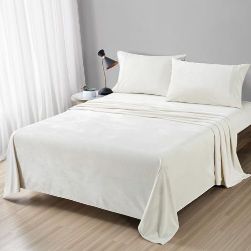 Fredsure Distressed Velvet Sheet Set, 4 Pieces Light Ivory King,