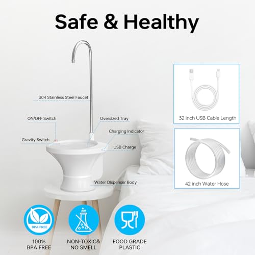 Image of Water Dispenser for 5 Gallon Bottle, Electric Drinking Water Bottle Pump for 2-5 Gallon Jugs, USB Rechargeable Water Pump with 2 Switch Control for Home, Office, Camping