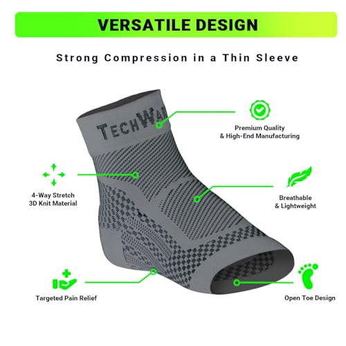 TechWare Pro Ankle Brace Compression Sleeve - Relieves Achilles Tendonitis, Joint Pain. Plantar Fasciitis Foot Sock with Arch Support Reduces Swelling & Heel Spur Pain. (Gray, L/XL)