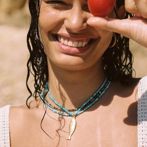 Boho Fish Necklace for Women - Blue Natural Stone Fish Pendant Necklace, Bohemian Beach Jewelry Colourful Jewelry for Summer Vacation3