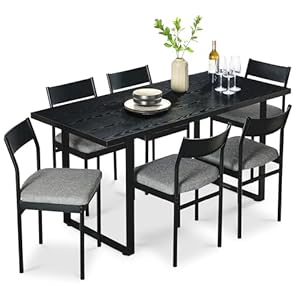 Best Choice Products 7-Piece Modern Dining Room Set, Kitchen Table Set, Dining Table w/ 6 Chairs, Upholstered Cushions, Solid Metal Frame, Curved Backrest – Black/Gray