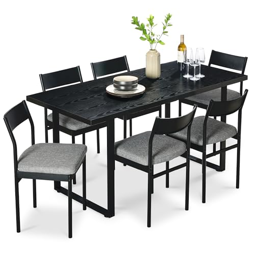 Best Choice Products 7-Piece Modern Dining Room Set, Kitchen Table Set, Dining Table w/ 6 Chairs, Upholstered Cushions, Solid Metal Frame, Curved Backrest – Black/Gray