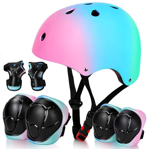 Image of Kids Bike Helmet Set Adjustable for Children, Boys, Girls and Teenagers Aged 3-14 Years Includes Elbow, Knee, Wrist Guards Children's Helmet Protection Set for Bikes SkateboardsRollerskates