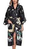 BestWendding Women's Satin Kimono Robes Floral Patterned Long Bathrobe Silky Dressing Gown Bridesmaid Robes with 2 Pockets, Dragon Black XL