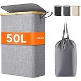 Lifewit 50L Wäschekorb Schmal mit Deckel, Faltbarer Wäschesammler Schmal mit Wäschesack, Laundry Basket Wäscheboxen aus Bambus mit Tragegriff für Apartment, Wohnheim und Wohnwagen, Grau