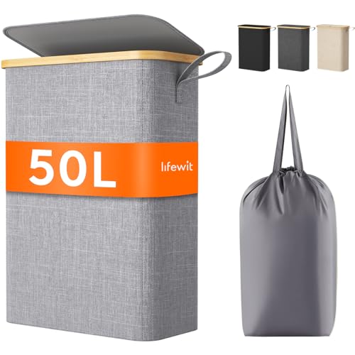 Lifewit 50L Wäschekorb Schmal mit Deckel, Faltbarer Wäschesammler Schmal mit Wäschesack, Laundry Basket Wäscheboxen aus Bambus mit Tragegriff für Apartment, Wohnheim und Wohnwagen, Grau