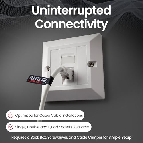 rhinocables CAT5e Ethernet Faceplate | Double 2 & Quad 4 RJ45 Gang Wall Sockets | Simple CAT 5 Setup for Printers, VoIP, Phones & More | Network Expansion for Home or Business (1 Port,Pack of 1)