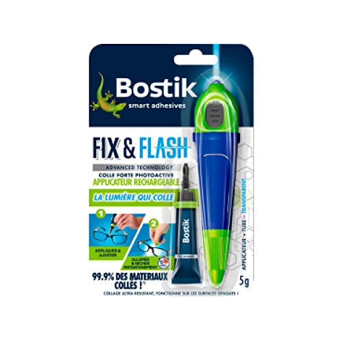 Bostik Kit Colle de Réparation Fix & Flash – Colle Forte Photoactive – Efficace sur Tous Matériaux et Toutes Surfaces – Transparent – 1 Applicateur et 1 Tube de 5 g