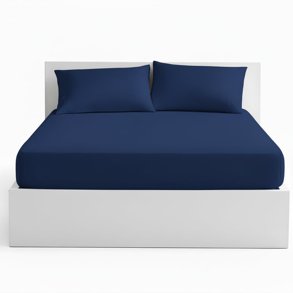 Linen Tribe Plain Dyed Fitted Sheets With Matching Pillow Cases 40cm (16inches) Deep Pocket Percale Non Iron Anti Allergy 2 Piece Bed Sheet Set (Navy, 4ft (Small Double))