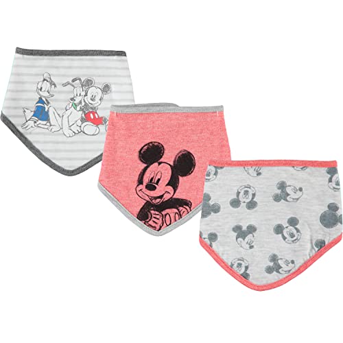 Disney Mickey Mouse Clubhouse Baby Unisex Bandana Bib 3-Pack, Feeding Teething and Drooling, Donald Duck Pluto (Grey/Red, 0-12 Months)